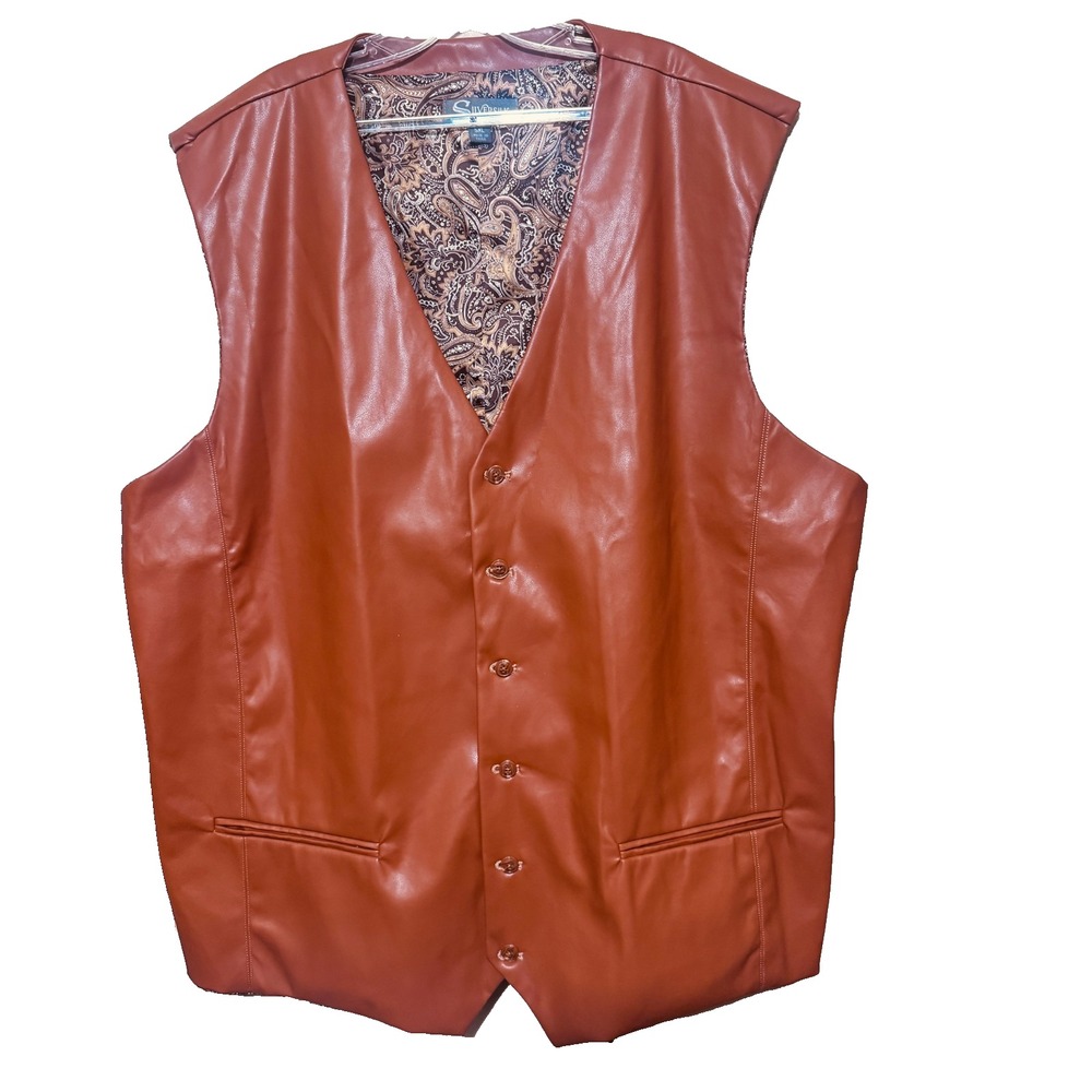 SilverSilk Vest Mens 5XL Vegan PU Leather Tan Cognac Button Down western country